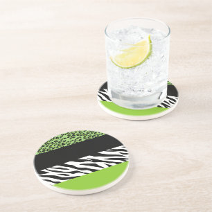 Leopard Print, Zebra Print, Animal Print, Green Coaster