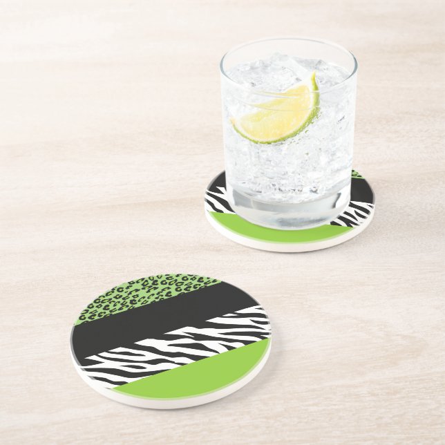 Leopard Print, Zebra Print, Animal Print, Green Coaster (Side)