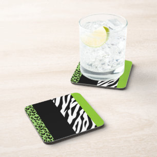 Leopard Print, Zebra Print, Animal Print, Green Coaster