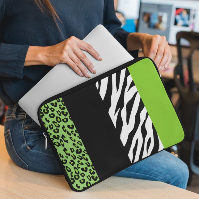 Leopard Print, Zebra Print, Animal Print, Green Laptop Sleeve (Creator Uploaded)