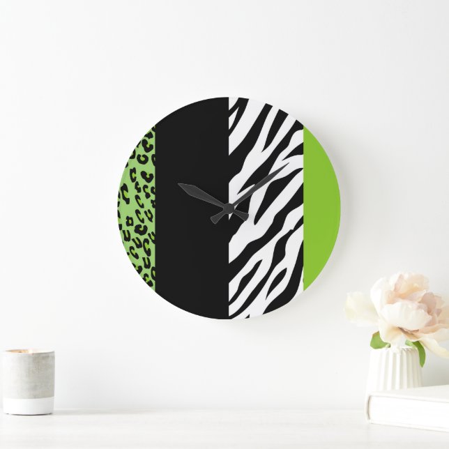Leopard Print, Zebra Print, Animal Print, Green Large Clock (Home)