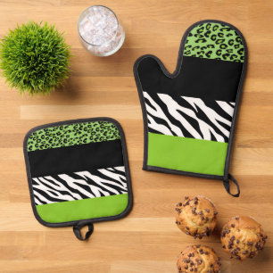 Leopard Print, Zebra Print, Animal Print, Green Oven Mitt & Pot Holder Set