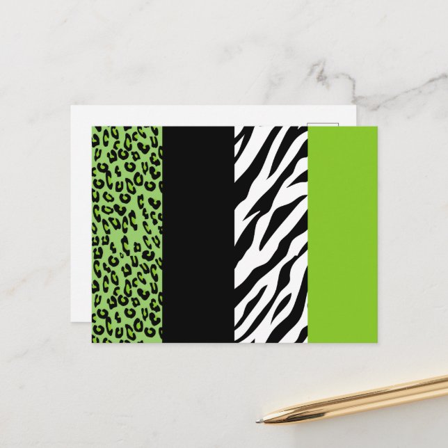 Leopard Print, Zebra Print, Animal Print, Green Postcard (Front/Back In Situ)