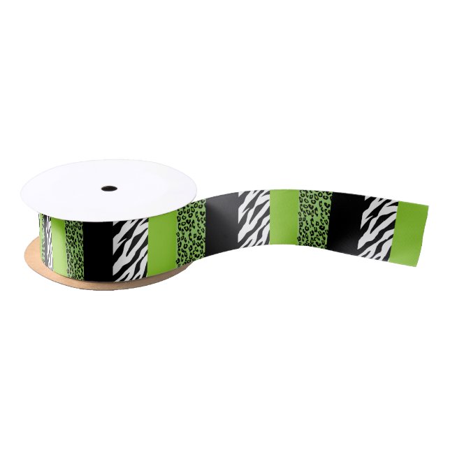 Leopard Print, Zebra Print, Animal Print, Green Satin Ribbon (Spool)