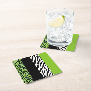 Leopard Print, Zebra Print, Animal Print, Green Square Paper Coaster