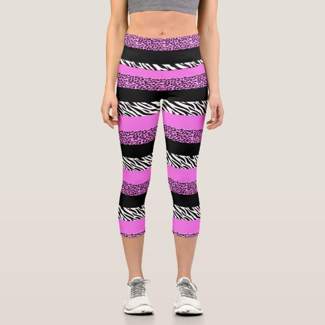 Leopard Print, Zebra Print, Animal Print, Pink Capri Leggings (Front)