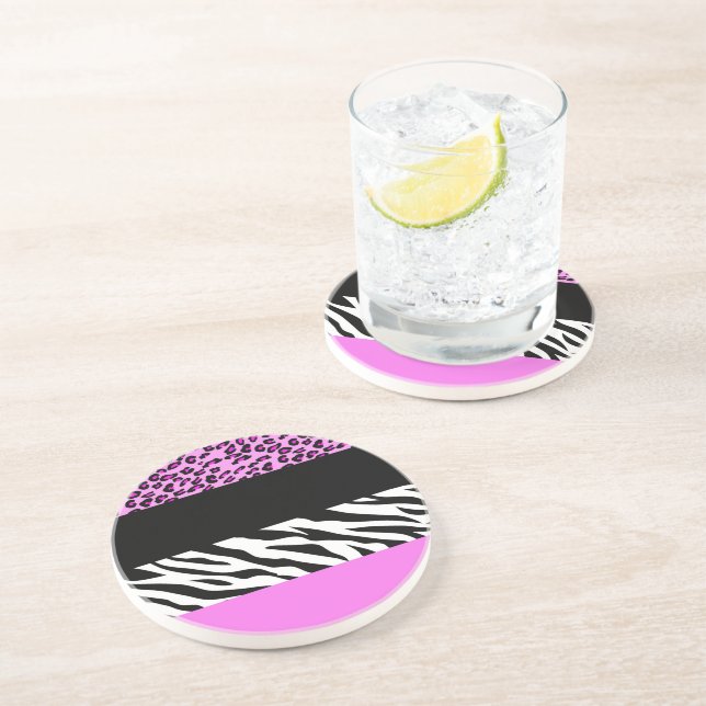 Leopard Print, Zebra Print, Animal Print, Pink Coaster (Side)