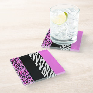 Leopard Print, Zebra Print, Animal Print, Pink Glass Coaster