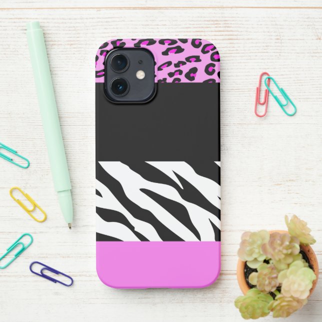 Leopard Print, Zebra Print, Animal Print, Pink iPhone Case (On Desk)