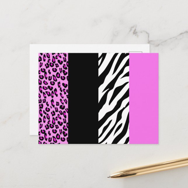 Leopard Print, Zebra Print, Animal Print, Pink Postcard (Front/Back In Situ)
