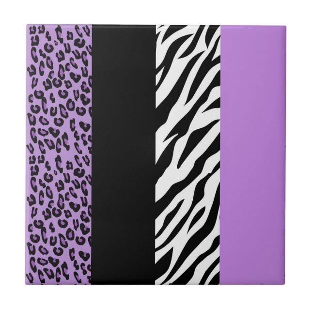 Leopard Print, Zebra Print, Animal Print, Purple Ceramic Tile (Front)