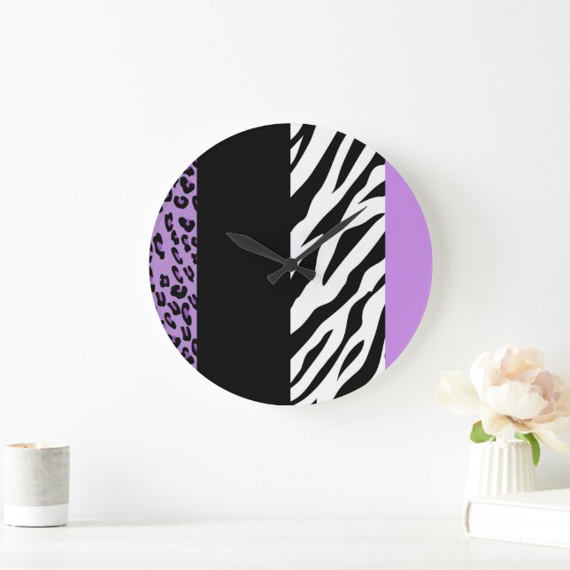 Leopard Print, Zebra Print, Animal Print, Purple Large Clock (Home)