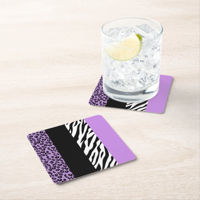 Leopard Print, Zebra Print, Animal Print, Purple Square Paper Coaster (Insitu)