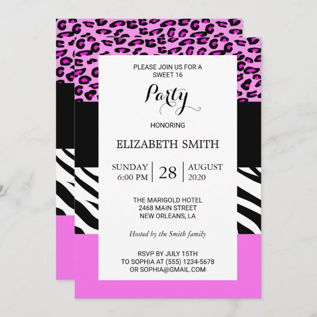 Leopard Print, Zebra Print, Animal Print, Sweet 16 Invitation (Front/Back)