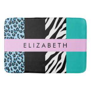 Leopard Print, Zebra Print, Blue, Your Name Bath Mat