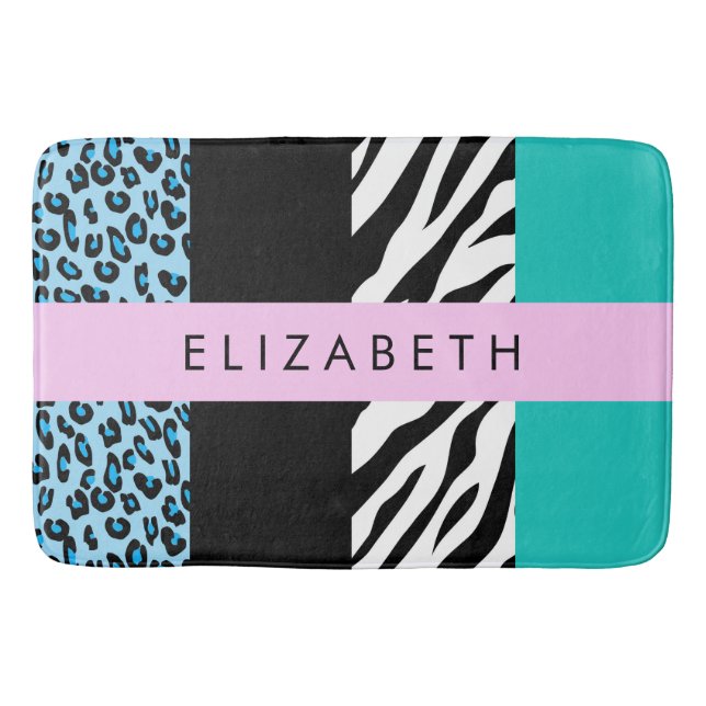 Leopard Print, Zebra Print, Blue, Your Name Bath Mat (Front)