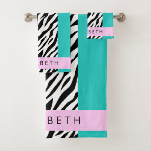 Leopard Print, Zebra Print, Blue, Your Name Bath Towel Set