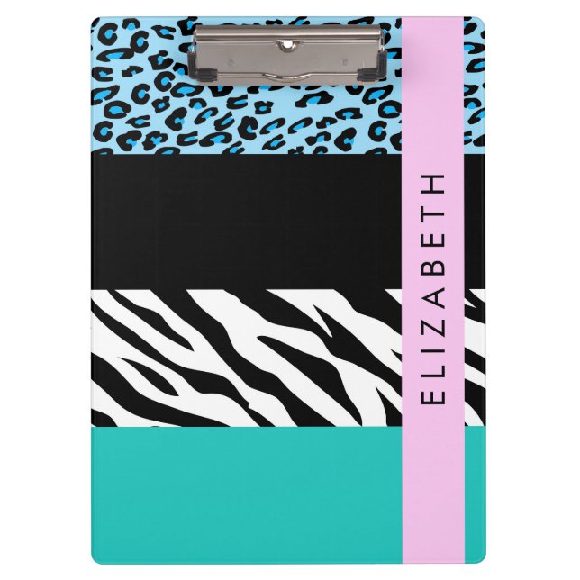 Leopard Print, Zebra Print, Blue, Your Name Clipboard (Front)