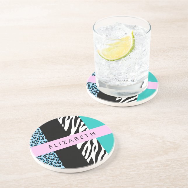 Leopard Print, Zebra Print, Blue, Your Name Coaster (Side)