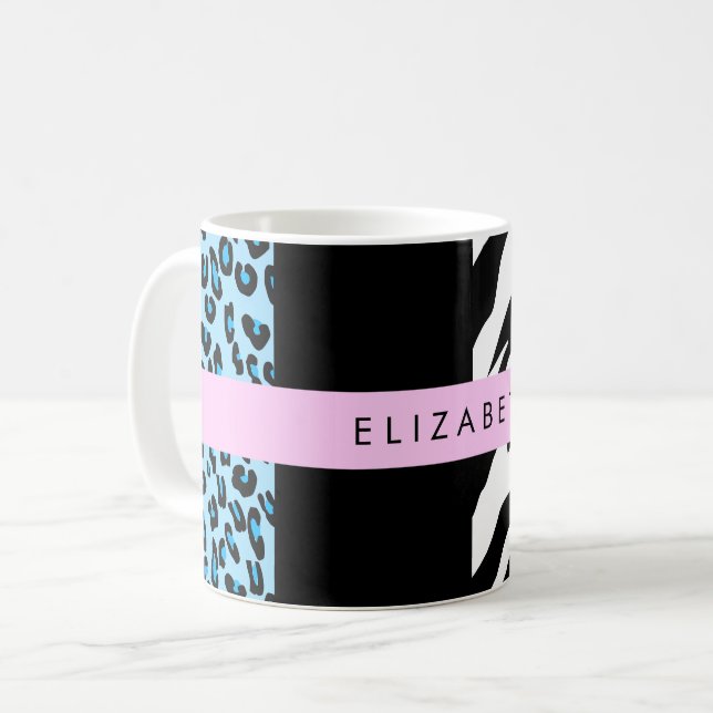 Leopard Print, Zebra Print, Blue, Your Name Coffee Mug (Front Left)