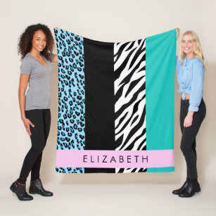Leopard Print, Zebra Print, Blue, Your Name Fleece Blanket