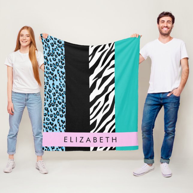 Leopard Print, Zebra Print, Blue, Your Name Fleece Blanket (In Situ)