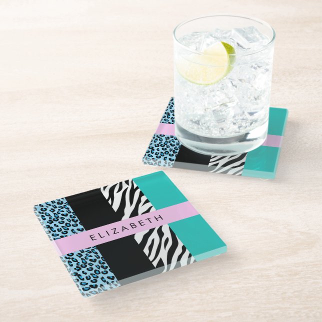 Leopard Print, Zebra Print, Blue, Your Name Glass Coaster (Angled)