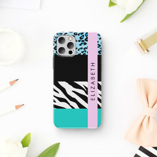 Leopard Print, Zebra Print, Blue, Your Name iPhone 16 Case