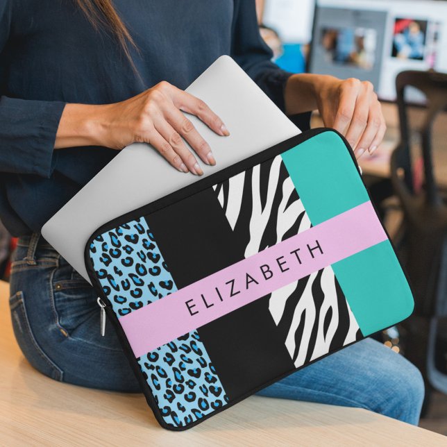 Leopard Print, Zebra Print, Blue, Your Name Laptop Sleeve (Creator Uploaded)