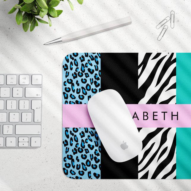 Leopard Print, Zebra Print, Blue, Your Name Mouse Pad (Creator Uploaded)