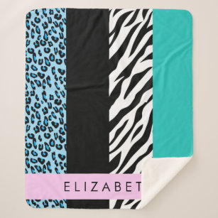 Leopard Print, Zebra Print, Blue, Your Name Sherpa Blanket
