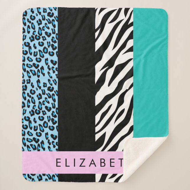 Leopard Print, Zebra Print, Blue, Your Name Sherpa Blanket (Front)