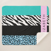 Leopard Print, Zebra Print, Blue, Your Name Sherpa Blanket (Front (Horizontal))