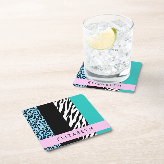 Leopard Print, Zebra Print, Blue, Your Name Square Paper Coaster (Insitu)