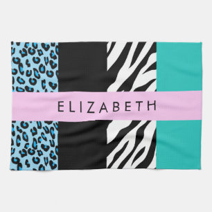 Leopard Print, Zebra Print, Blue, Your Name Tea Towel