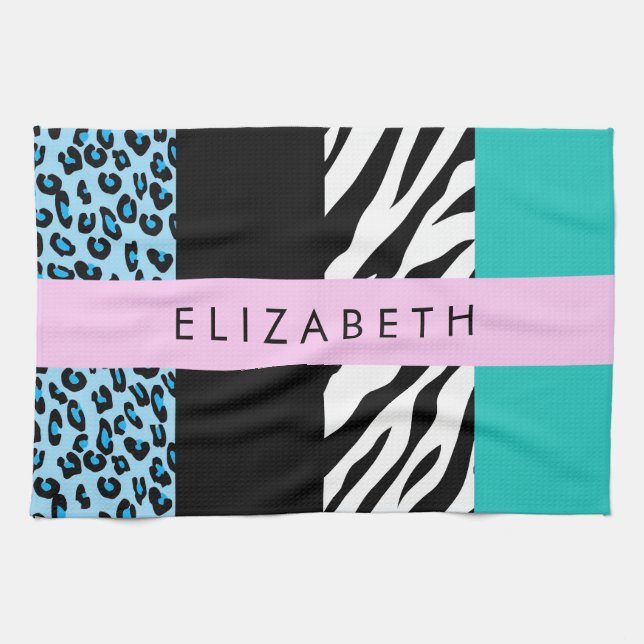 Leopard Print, Zebra Print, Blue, Your Name Tea Towel (Horizontal)