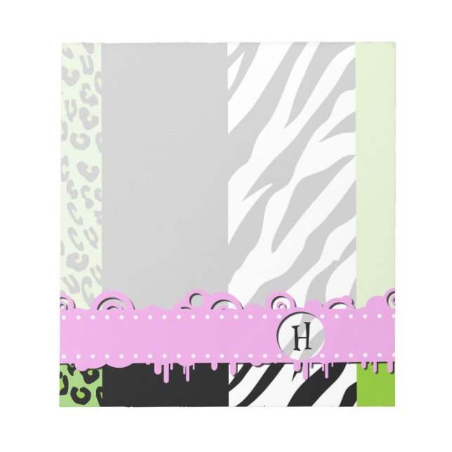 Leopard Print, Zebra Print, Green, Monogram Notepad (Front)