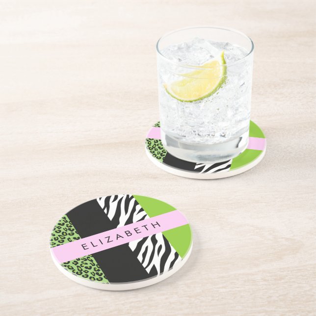 Leopard Print, Zebra Print, Green, Your Name Coaster (Side)