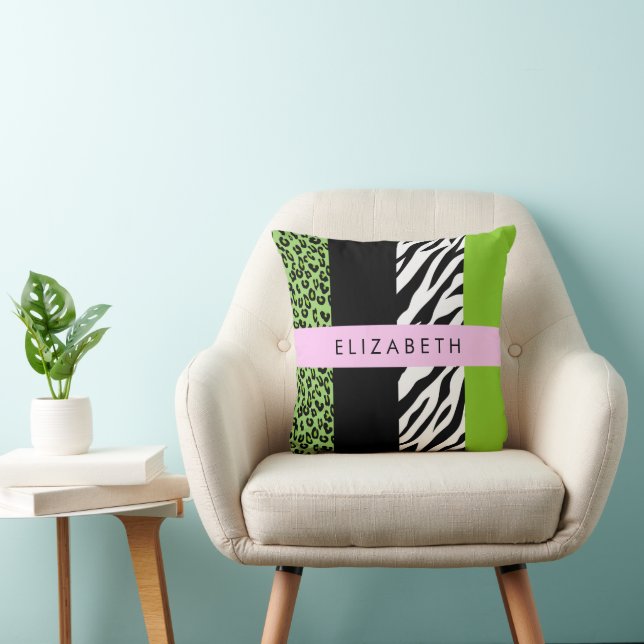 Leopard Print, Zebra Print, Green, Your Name Cushion (Chair)