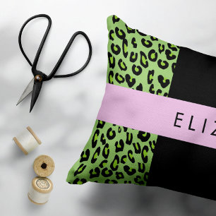 Leopard Print, Zebra Print, Green, Your Name Decorative Cushion