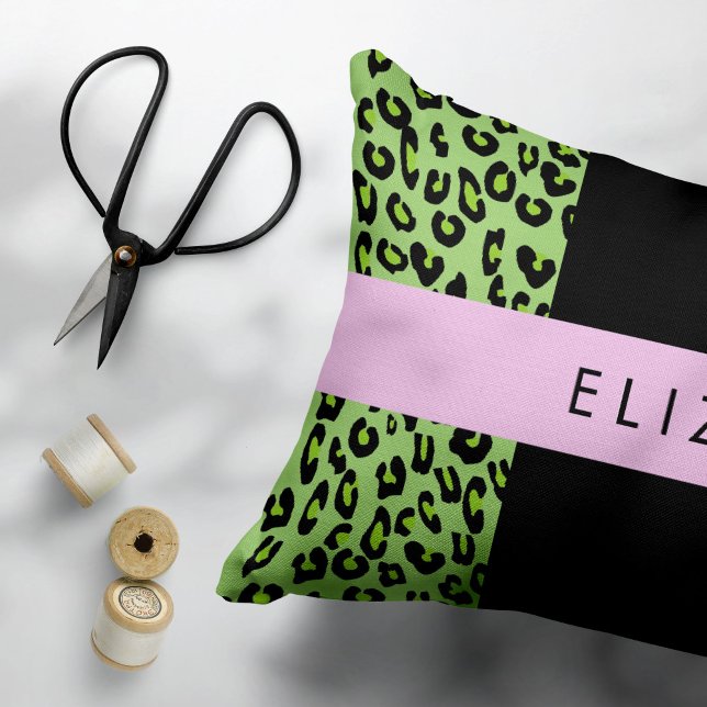 Leopard Print, Zebra Print, Green, Your Name Decorative Cushion (Creator Uploaded)