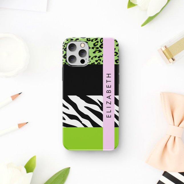 Leopard Print, Zebra Print, Green, Your Name iPhone 16 Case (Creator Uploaded)