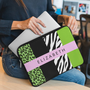 Leopard Print, Zebra Print, Green, Your Name Laptop Sleeve