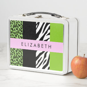 Leopard Print, Zebra Print, Green, Your Name Metal Lunch Box