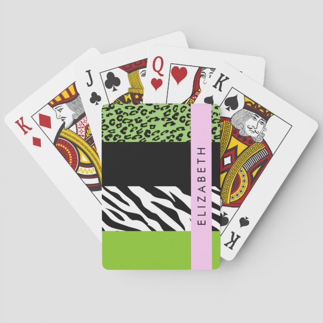 Leopard Print, Zebra Print, Green, Your Name Playing Cards (Back)