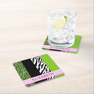 Leopard Print, Zebra Print, Green, Your Name Square Paper Coaster
