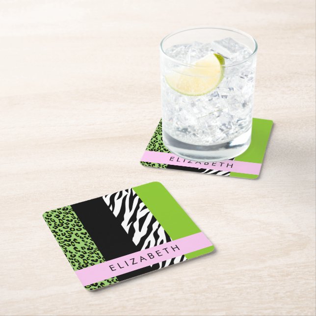 Leopard Print, Zebra Print, Green, Your Name Square Paper Coaster (Insitu)