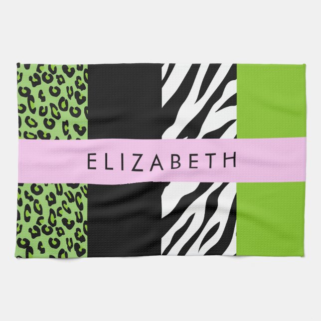 Leopard Print, Zebra Print, Green, Your Name Tea Towel (Horizontal)