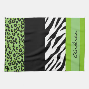 Leopard Print, Zebra Print, Green, Your Name Tea Towel