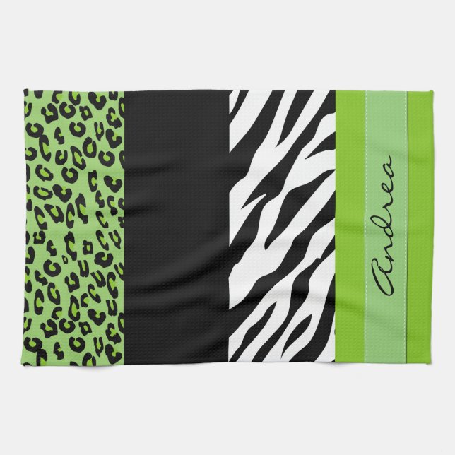 Leopard Print, Zebra Print, Green, Your Name Tea Towel (Horizontal)